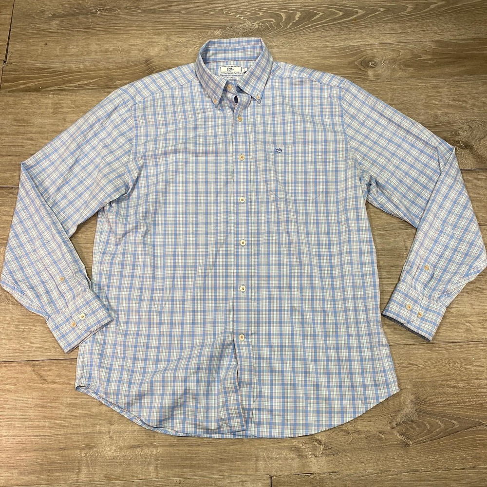 Southern Tide Light Blue and White Plaid Button-Down Shirt